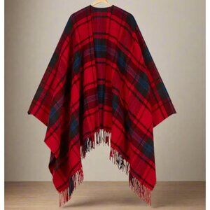 Maje Poncho Plaid Wool blend Wrap Womens Large Red Fringed One Size CoverUp Fall